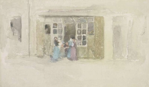 Kvinnor och barn utanför en butik i Bretagne ca 1888