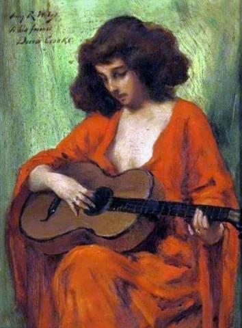 Dama de rojo tocando una guitarra