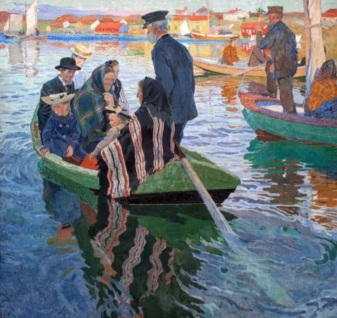 Frequentatori della chiesa in una barca