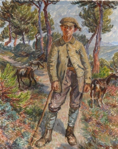 Un capraio con le sue capre in un paesaggio di montagna 1921