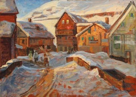 Ein Wintertag in einem Dorf in den Alpen 1913