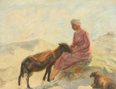 Una mujer con ovejas probablemente Skagen 1935