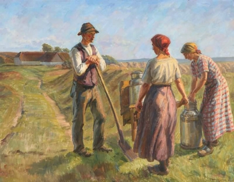 Farm Exterior With A Farmer And Two Milk Maids 1928
