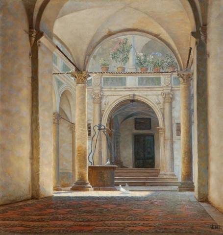 Interno di un chiostro all'italiana con piccioni vicino a un pozzo, 1896