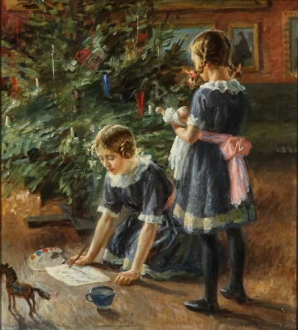 Interior com duas meninas na véspera de Natal