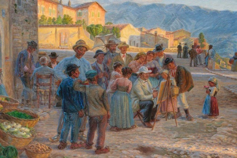 Civita D Antino 1905의 광장에서 그림을 그리는 Kristian Zahrtmann