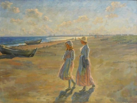 Madre e figlia camminano su una spiaggia con un villaggio di barche a remi in lontananza, 1917