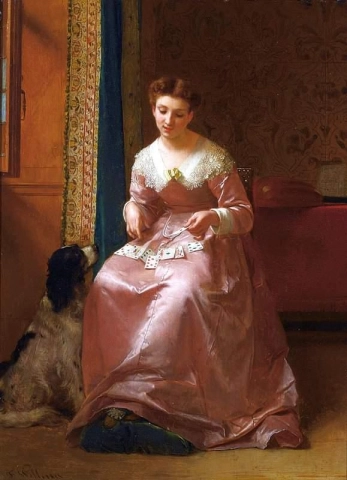 En ung jente i en rosa kjole med spillekort