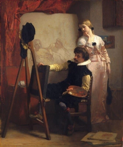 En Schilder Voor Zijn Ezel Toont Een Schilderij Aan Een Meisje 1852