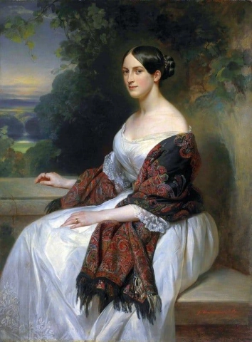 風景の中に座るアッカーマン夫人の 4 分の 3 の長さの肖像画