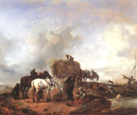 Wouwermann Philips، فلاح يعطي العلف لخيول اللعب مع المستحمين في النهر