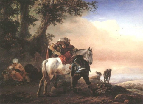 Wouwermann Philips Huntsman, poika satuloimassa hevosta ja talonpoikaperhe lepäämässä