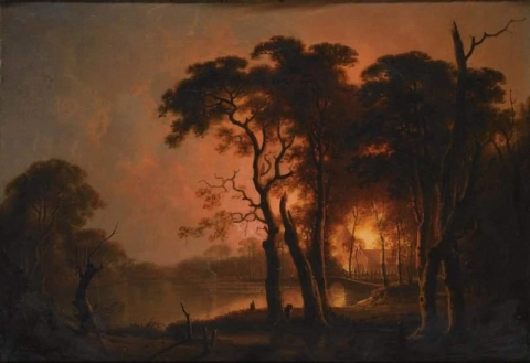 Een vuur gezien door bomen 1776
