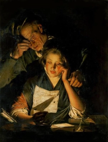 Nuori tyttö lukee kirjettä vanhan miehen kanssa lukemassa olkapäänsä yli n. 1768-70