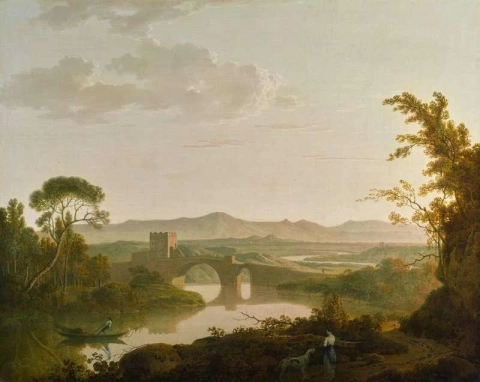 Eine italienische Flusslandschaft mit einer Brücke und einem Turm bei Sonnenuntergang mit Figuren im Vordergrund, 1785
