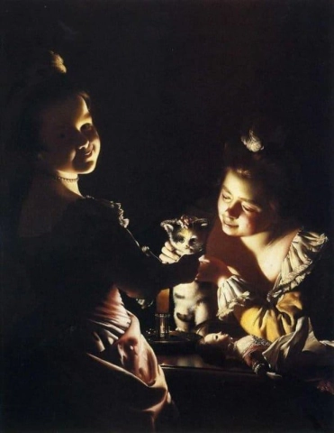 Twee meisjes kleden een katje aan bij kaarslicht, 1768-70