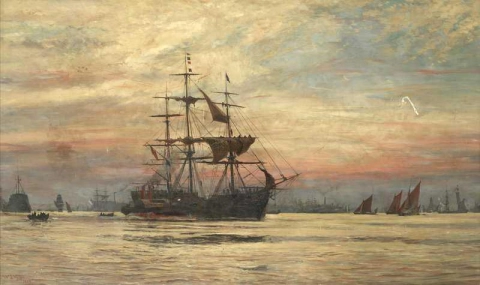 Un barco que recibe un piloto a través de las concurridas aguas del Támesis 1869