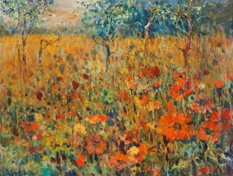 Trees In A Meadow With Poppies In Bloom