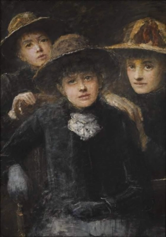 Tre jenter som lytter til musikk ca. 1882