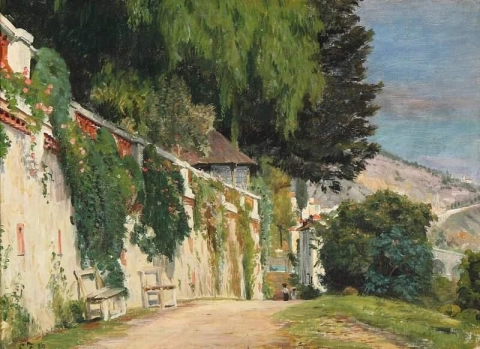 Un paesaggio montano dell'Europa meridionale con rose lungo un muro del giardino 1910