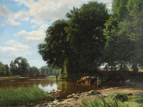 물뿌리는 곳의 소들 1899