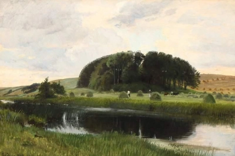 Landskap med innhøstingsarbeidere på en åker ved siden av en innsjø 1905