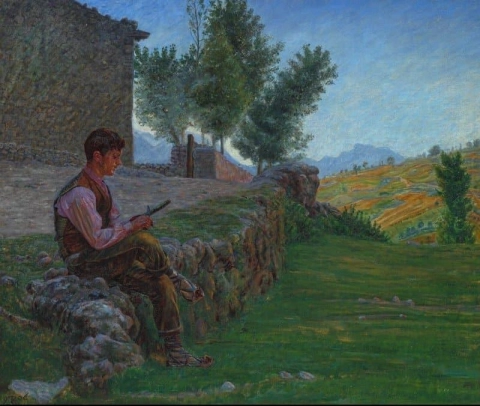 Un niño sentado en una valla cortando un palo 1906