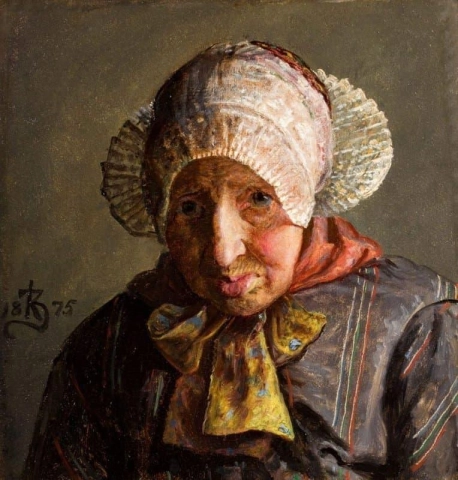 Borstbeeld Een gezicht van een oude vrouw uit Ribe met pijpdop