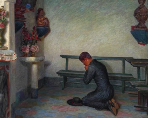 Knielende jonge predikant in de crypte van de kathedraal Amalfi 1909