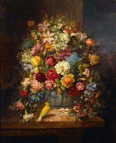 A Still Life With Flowers With A Budgerigar And A Butterfly On A Ledge