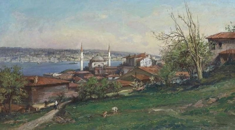 Ein Blick auf Konstantinopel mit der Dolmabahce-Moschee von den Hügeln von Gumussuyu aus gesehen