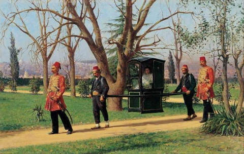 Datteren til den engelske ambassadøren som rir i en Palanquin 1889