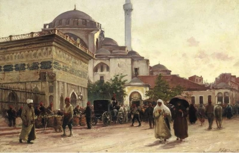 Tophanen suihkulähde ja Kilic Ali Pashan moskeija Istanbulissa ennen vuotta 1910