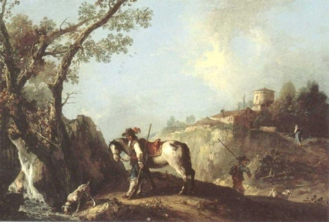 Zuccarelli Francesco italiensk landskap med en jeger som hviler ved en bekk