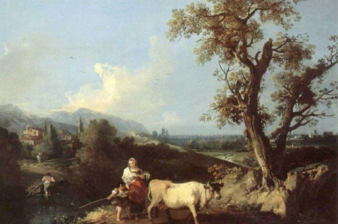 Zuccarelli Francesco Italianate Landskap med bønder som kjører en ku