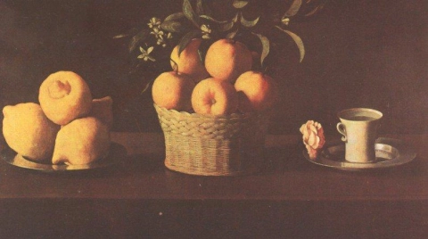 Zurbaran Francisco De asetelma sitruunalla Appelsiinit ja ruusu