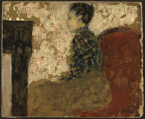 Kvinne sitter ved peisen, ca. 1894