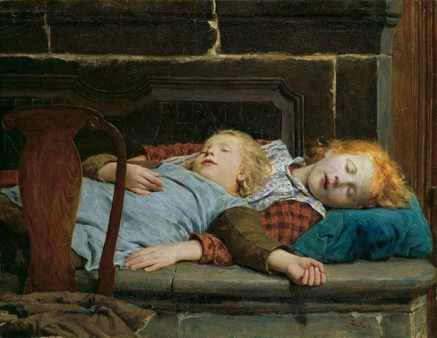 Albert Anker, Twee slapende meisjes op de kachelbank, 1895