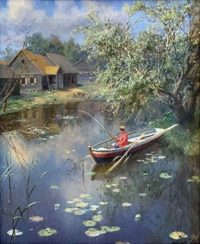 어부와 함께 있는 알렉산더 알렉산드로비치 키셀레프의 풍경 - 마을의 연못에서 1902