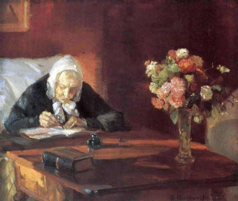 Anna Ancher Ane Hedvig Brondum istuu pöydän ääressä 1910