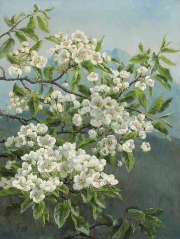 Anthonore Christensen Ett blommande päronträd med alperna i bakgrunden 1891