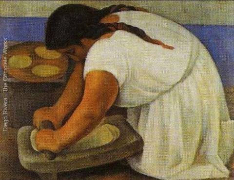 Vrouw die maïs maalt 1924 La Molendera