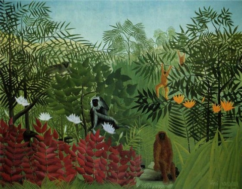 Selva tropical con monos y serpientes.