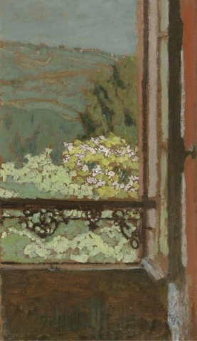 Avoin ikkuna kukkivien puiden päällä, 1900