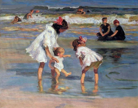 Edward-Henry Potthast-kinderen spelen aan de kust-