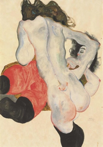 امرأة مستلقية ذات سروال أحمر وأنثى واقفة عارية 1912