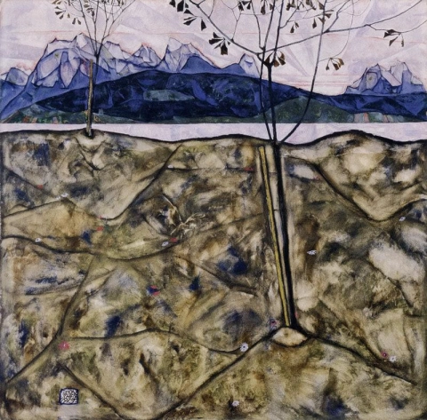 Flodlandskap med två träd 1913