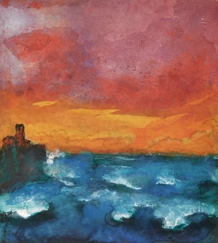 Raging blue sea at sunset with rocks and fort, c. 1940-45