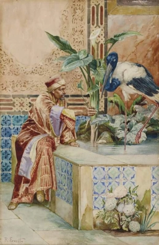 Brunnen mit Mann und Storch