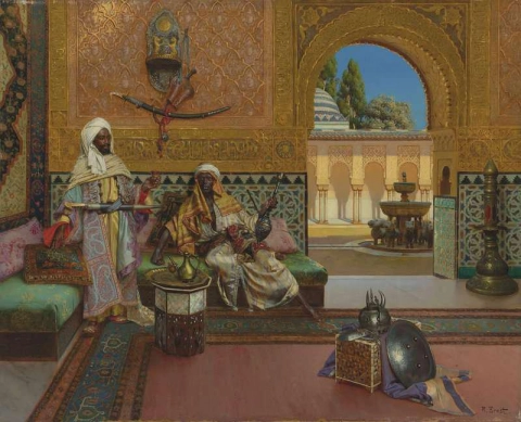 Due guerrieri nel palazzo dell'Alhambra e la Corte dei leoni sullo sfondo